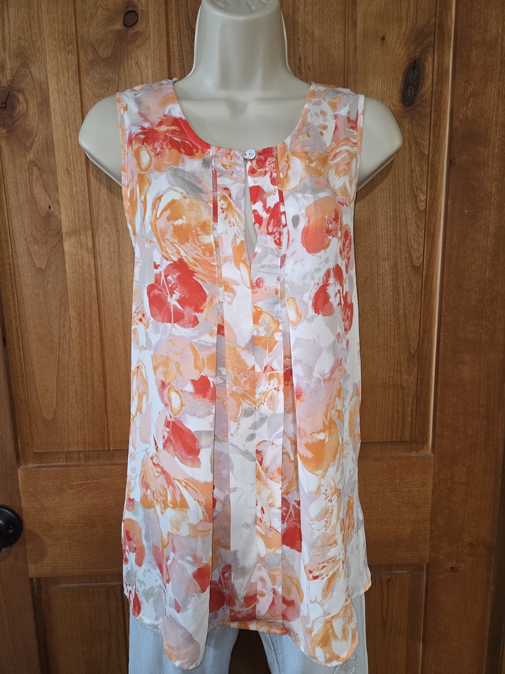Rose & Olive Sleeveless Watercolor Floral Tunic in White, Orange & Coral